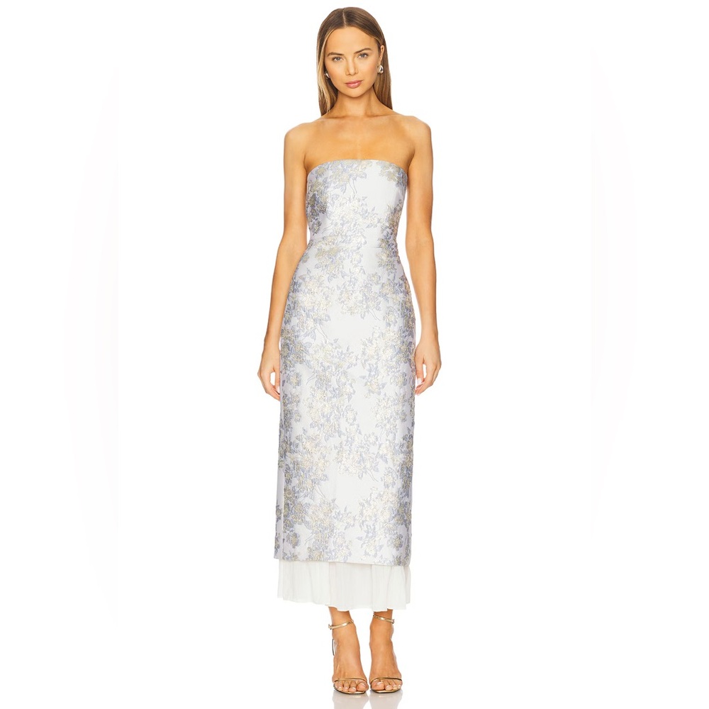 Anna Quan Aelin Strapless Brocade Midi Dress Water Lillies